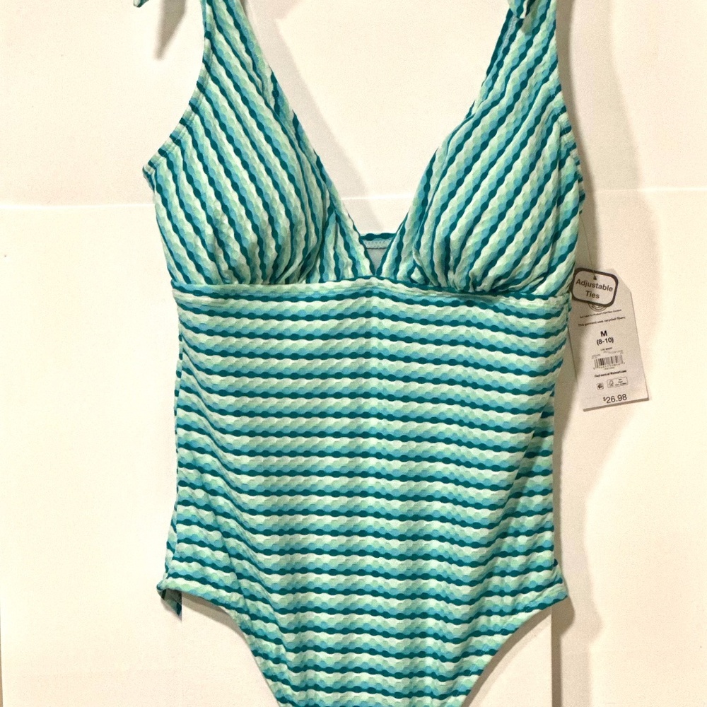 Women’s one-piece V-neck swimsuit tie shoulder straps aqua stripe print size M
